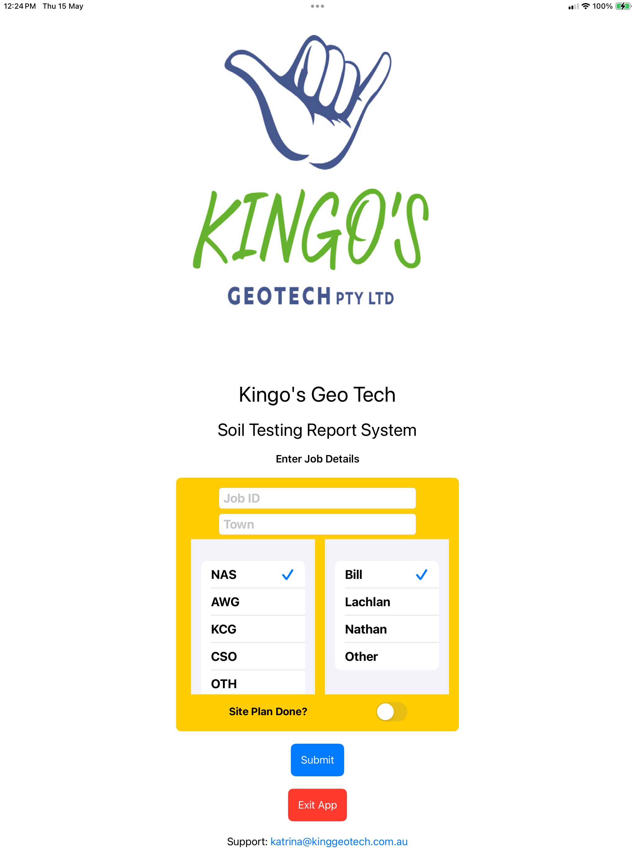 Opening screen of the King GeoTech app